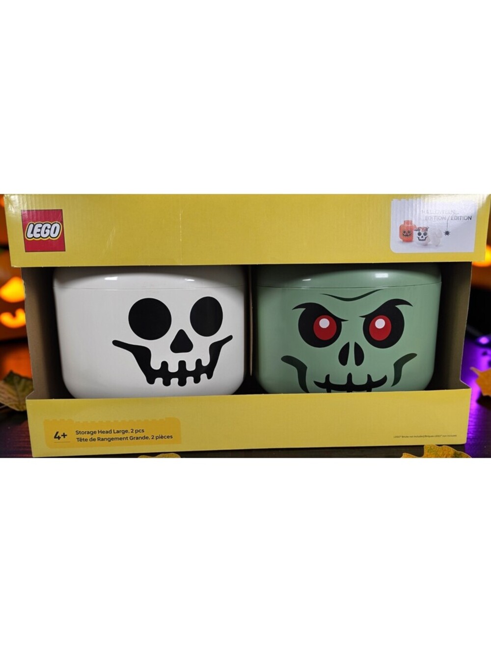 LEGO Halloween Edition Large Storage Heads Green White Skeleton 2pc NIB - Picture 2 of 15